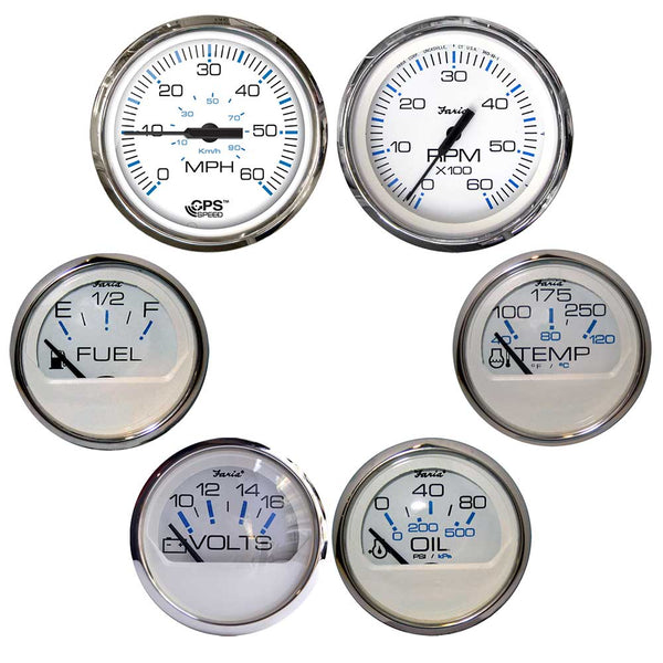 Faria Chesapeake White w/Stainless Steel Bezel Boxed Set of 6 - Speed, Tach, Fuel Level, Voltmeter, Water Temperature  Oil PSI - Inboard Motors [KTF063] - Image 1