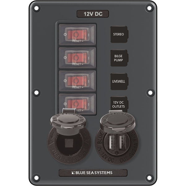 Blue Sea 4321 Circuit Breaker Switch Panel 4 Position - Gray w/12V Socket  Dual USB [4321] - Image 1