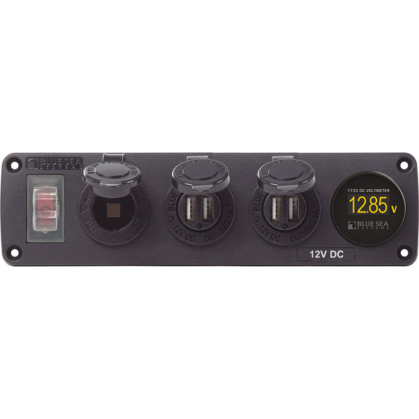 Blue Sea 4368 Water Resistant USB Accessory Panel  12V Socket 2x 21A Dual USB Chargers Mini Voltmeter 4368