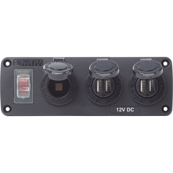Blue Sea 4365 Water Resistant USB Accessory Panel - 15A Circuit Breaker, 12V Socket, 2x 2.1A Dual USB Chargers [4365] - Image 1