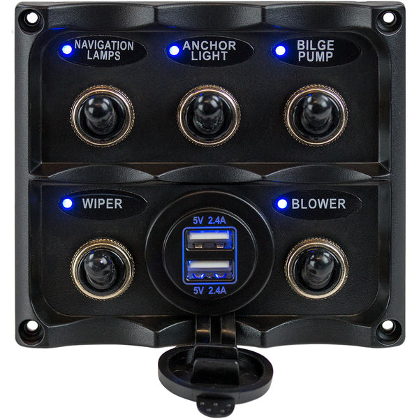 Sea-Dog Water Resistant Toggle Switch Panel w/USB Power Socket - 5 Toggle [424617-1] - Image 1